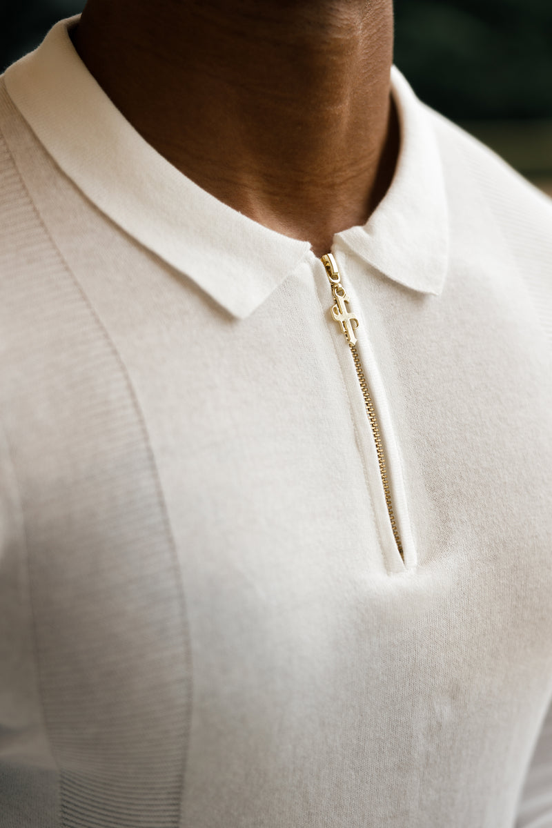 Father Sons klassisches weißes und goldenes Strick-Poloshirt mit Reißverschluss, langärmlig – FSN125