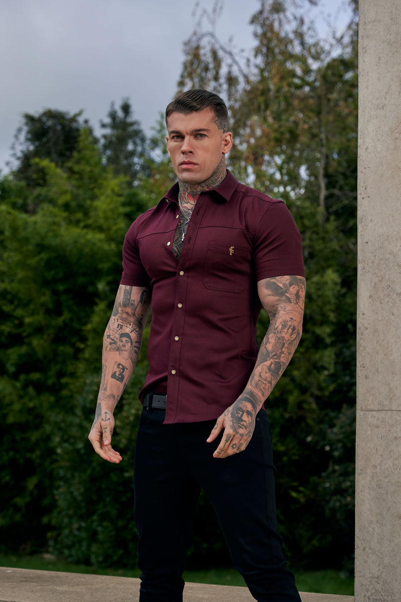 Father Sons Super Slim Stretch Burgundy Denim Short Sleeve with Horizontal Seam and Pocket- FS961