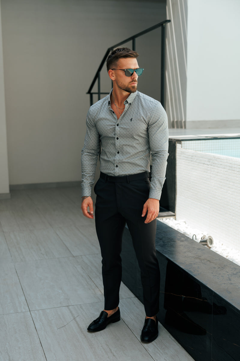 Vater-Söhne-Shirt, superschlank, dehnbar, schwarz/weiß, langärmlig, mit Rautenmuster und Button-Down-Kragen – FS1226