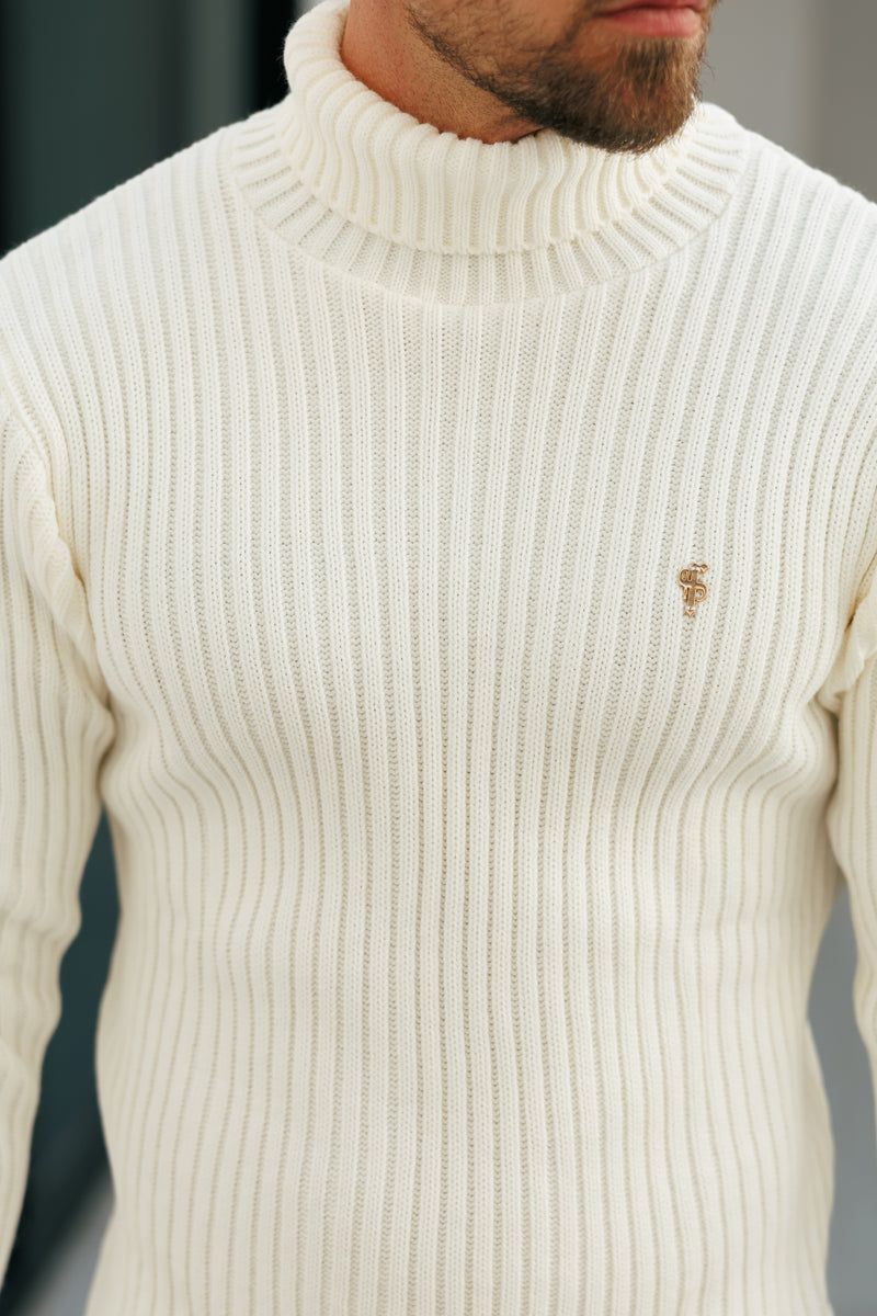Cremefarbener Rollkragenpullover aus Rippstrick für Vater und Sohn – FSJ114 (VORBESTELLUNG 12. NOVEMBER)