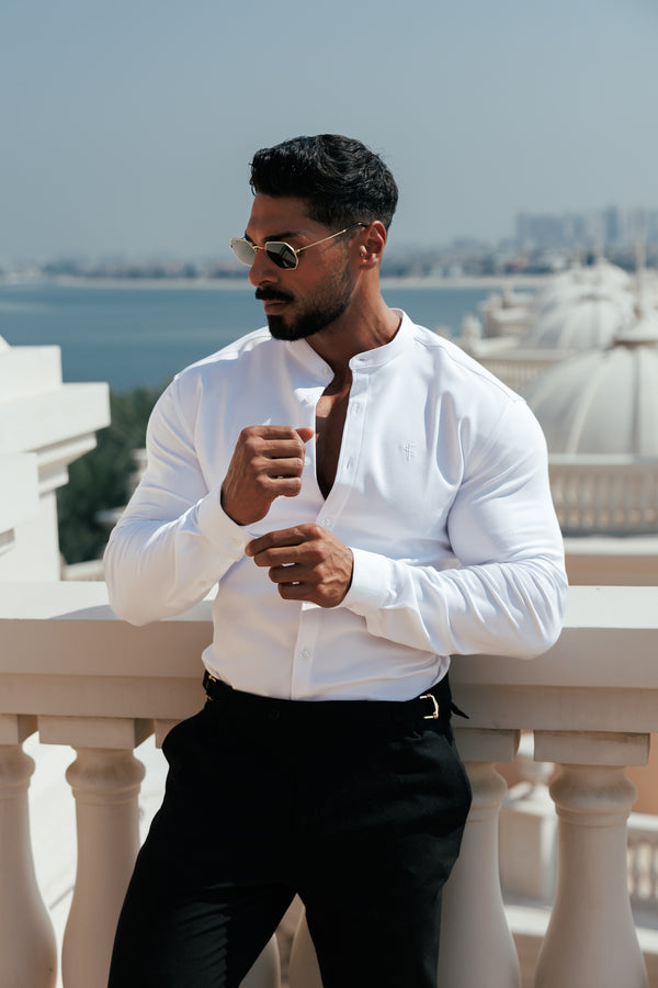 FS Super Slim Scuba White Long Sleeve Stretch with Grandad Collar - FS1170