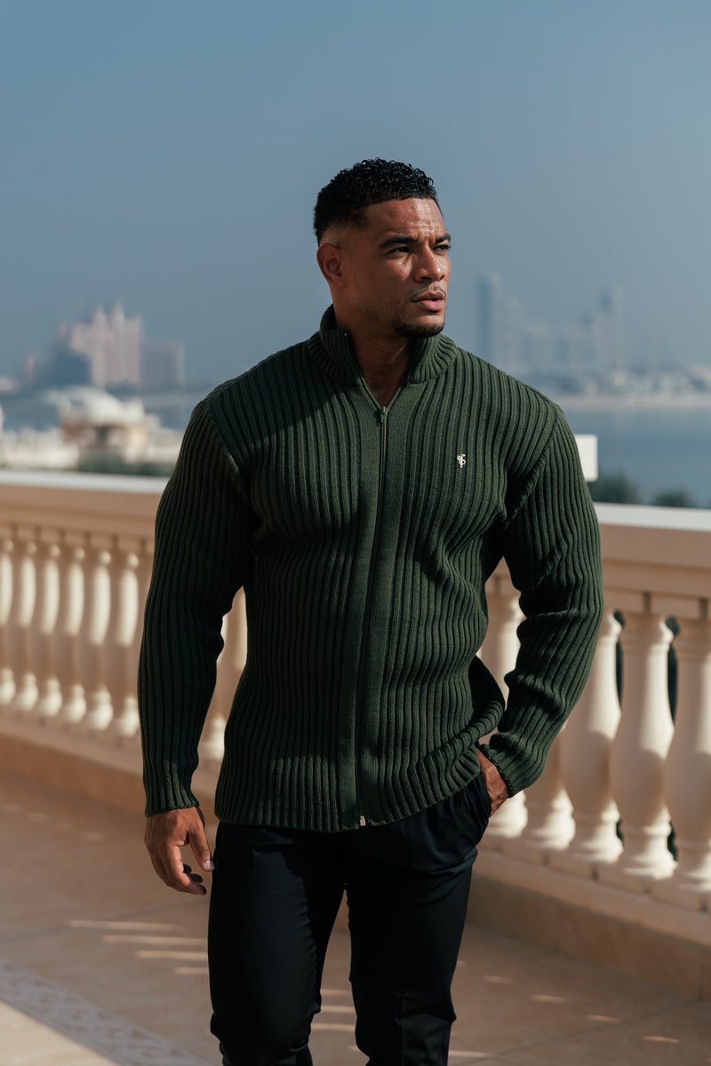Father Sons Chunky Olive Ribbed Zipped Cardigan with Gold Emblem- FSJ095
