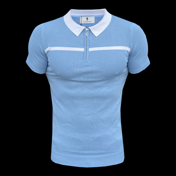 Father Sons klassisches Poloshirt mit Reißverschluss in Himmelblau/Weiß, kurzärmlig, horizontal gestreift – FSN058
