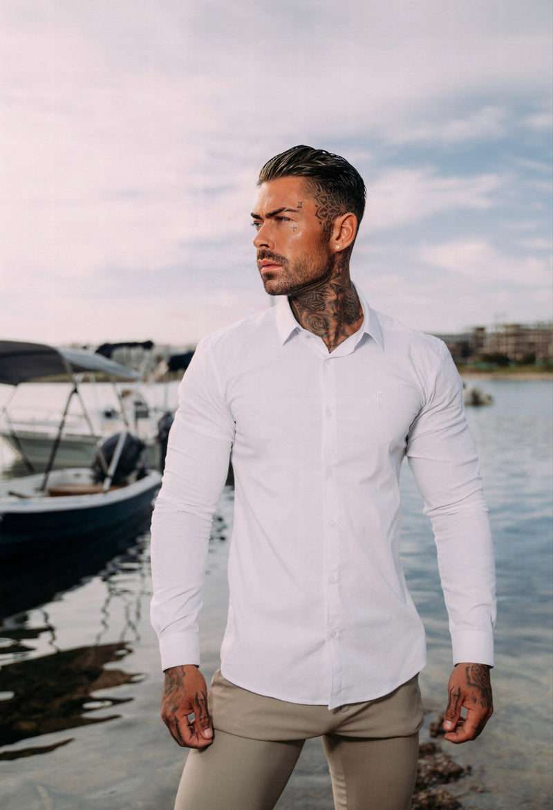 Father Sons Super Slim Stretch White Tonal Buttons and Embroidery Long Sleeve - FS890