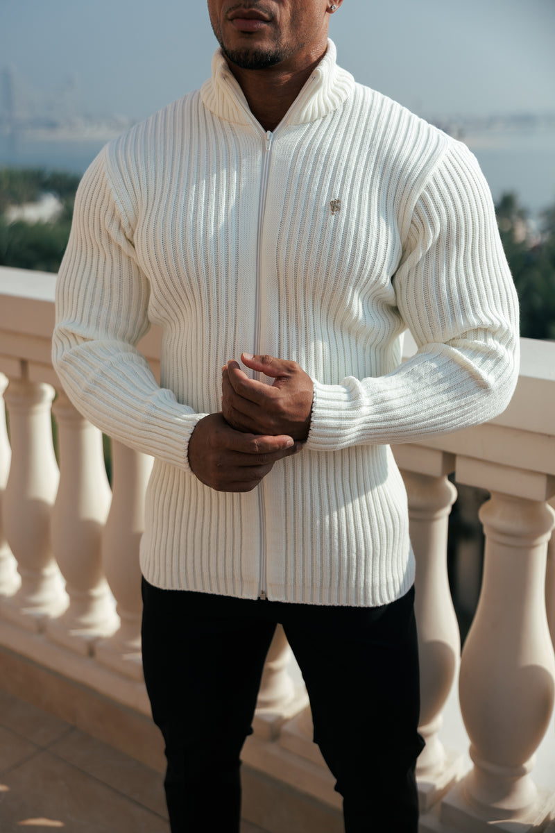 Father Sons Chunky Cream Ribbed Zipped Cardigan with Gold Emblem- FSJ096