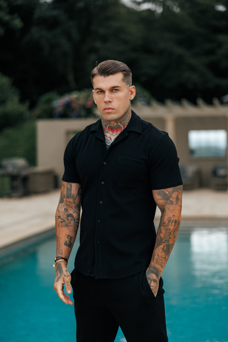 Vater-Söhne-Jersey-Cord-Stretch-Hemd mit Revers, kurzärmelig, Schwarz – FSR018