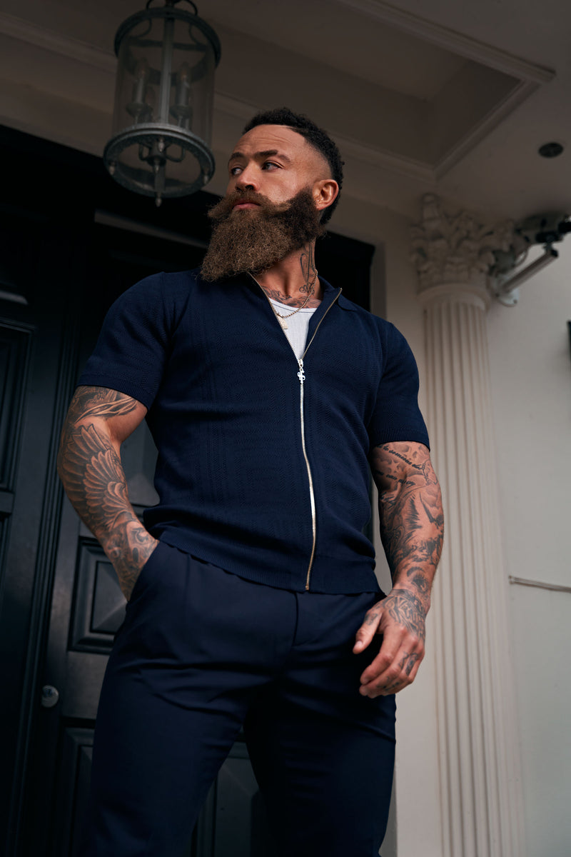 Father Sons Classic Knitted Geo Design With Full Length Zip Navy Short Sleeve - FSN149