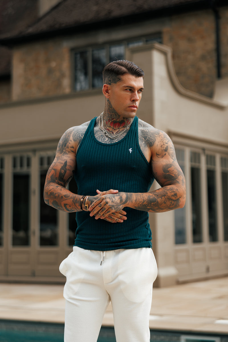 Father Sons Classic Forest Green / White Ribbed Knit Super Slim Vest - FSH1327