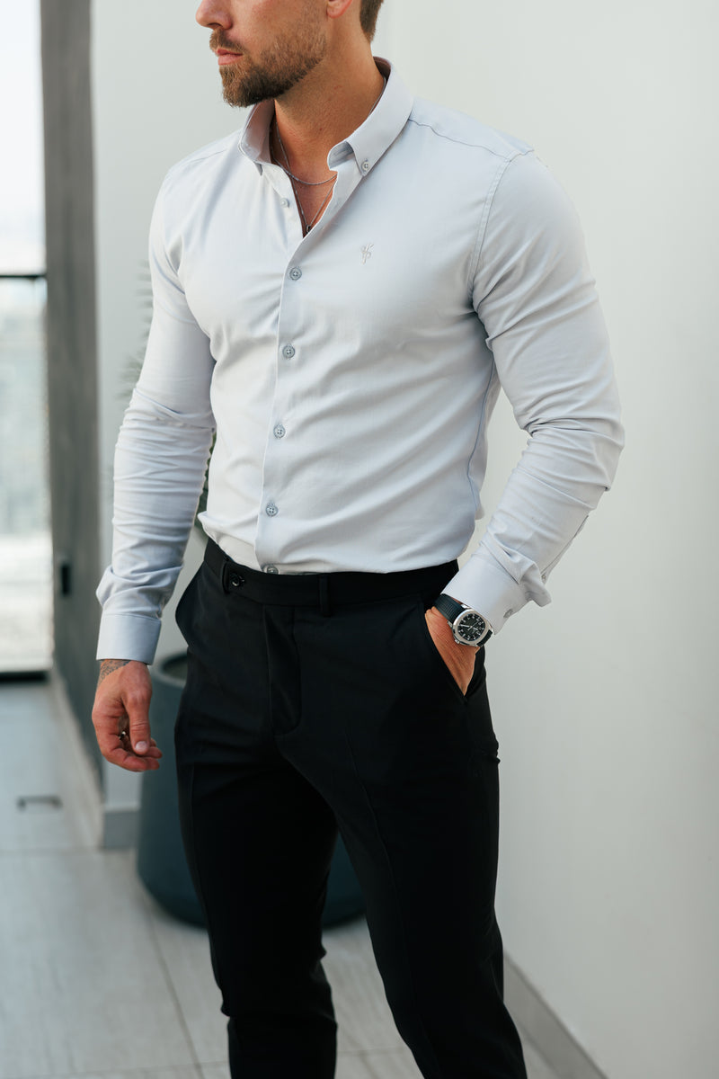 Vater-Söhne-Oxford-Langarmshirt, klassisches Stretch-Hemd, Hellgrau mit Button-Down-Kragen – FS1220