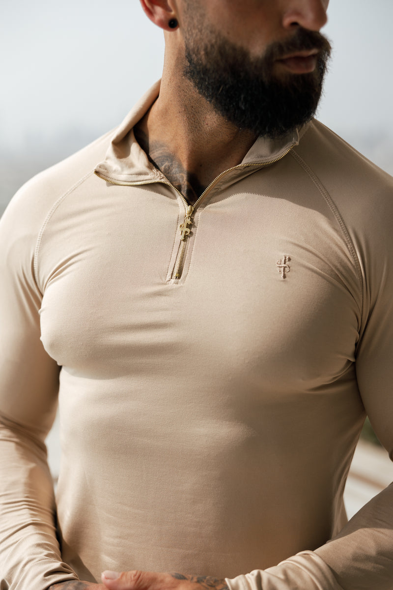 Father Sons Langarm-Fitness-Top mit halbem Reißverschluss in Beige/Gold – FSH892