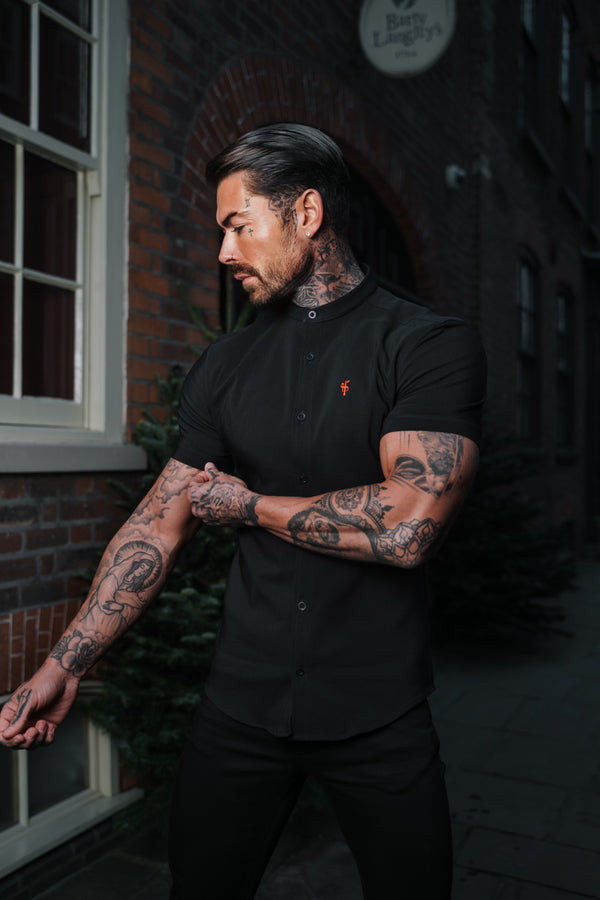 Father Sons Super Slim Scuba Black Short Sleeve Stretch With Grandad Collar - FS930