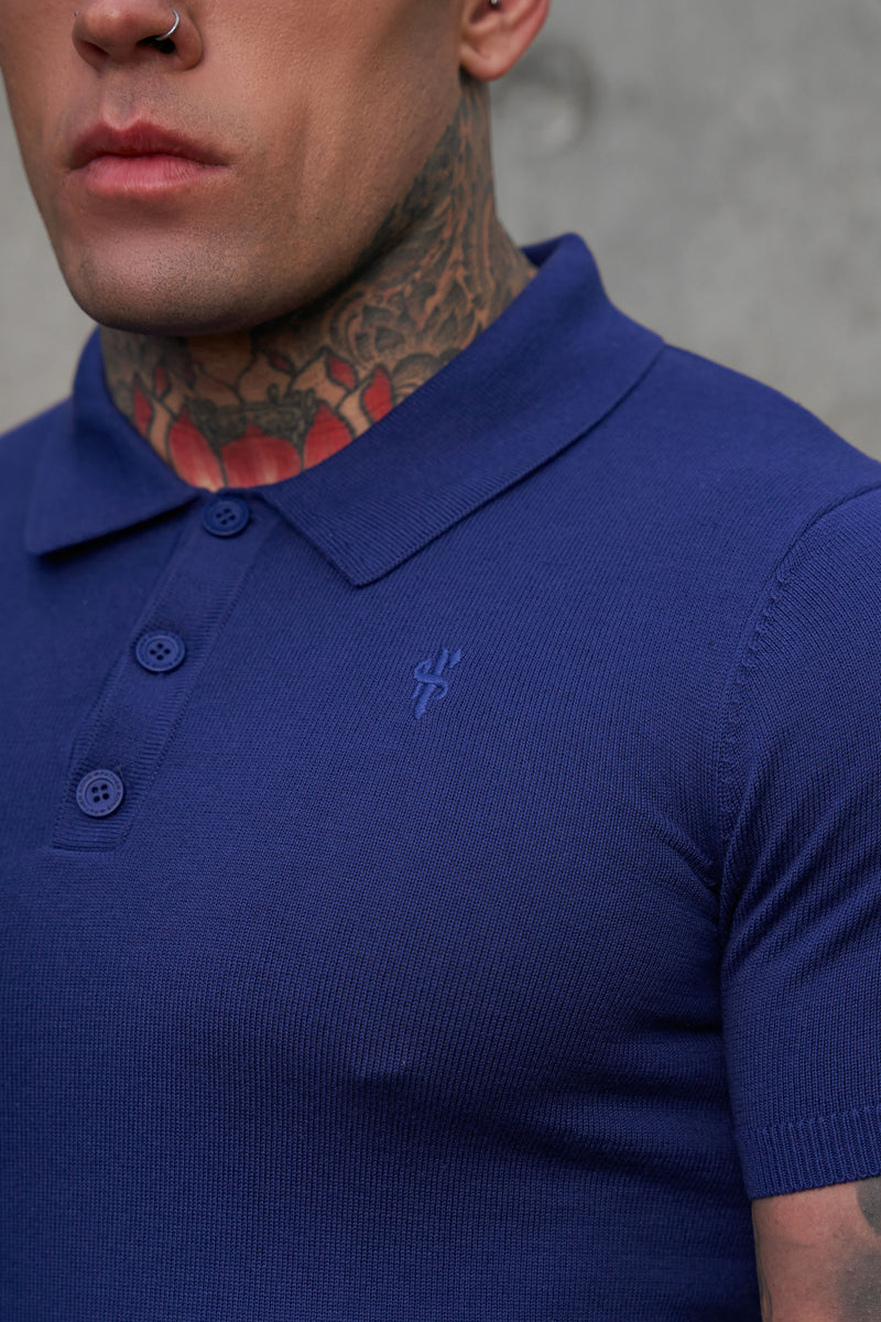 Father Sons Classic Ocean Blue Knitted Polo Jumper Short Sleeve With Tonal FS Embroidery- FSN144