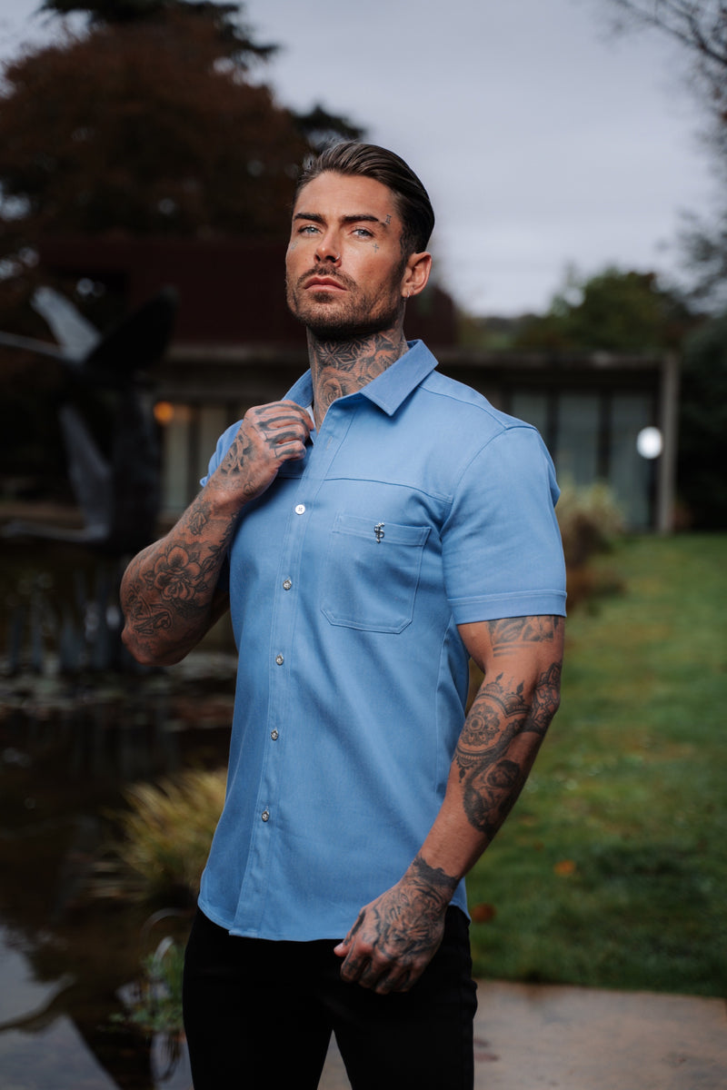 Father Sons Super Slim Stretch Light Blue Denim Short Sleeve with Horizontal Seam and Pocket- FS957