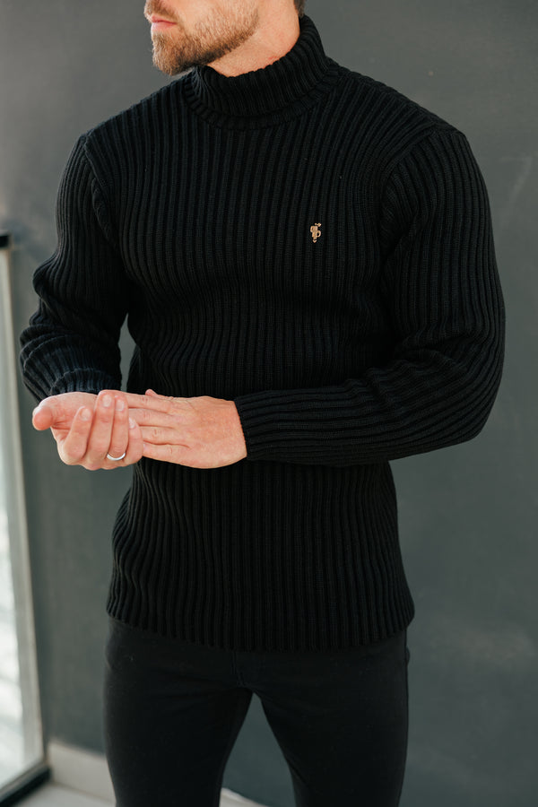 Schwarzer Rollkragenpullover aus Rippstrick für Vater und Sohn – FSJ113 (VORBESTELLUNG 12. NOVEMBER)