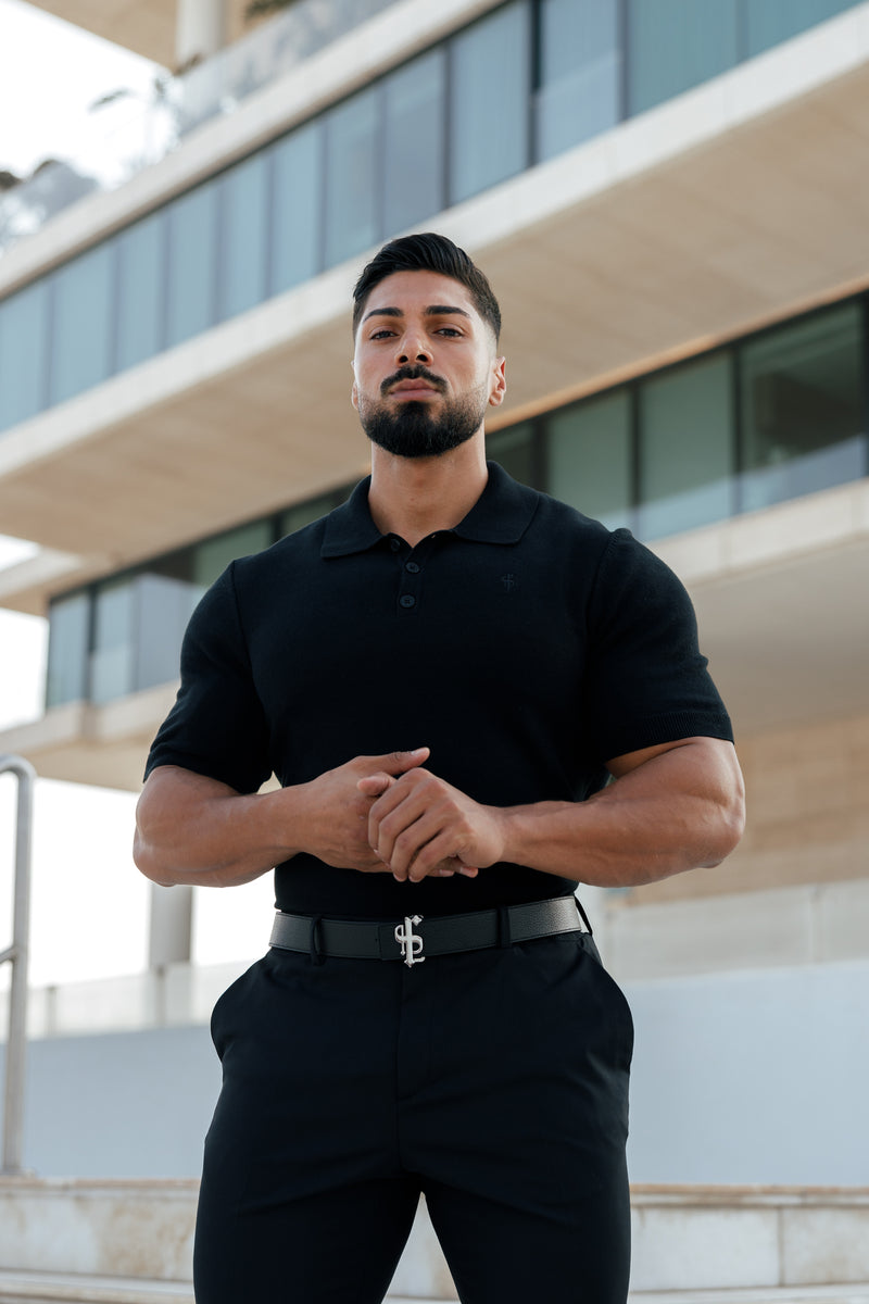 Father Sons klassisches schlichtes schwarzes Strick-Poloshirt mit kurzen Ärmeln – FSN108