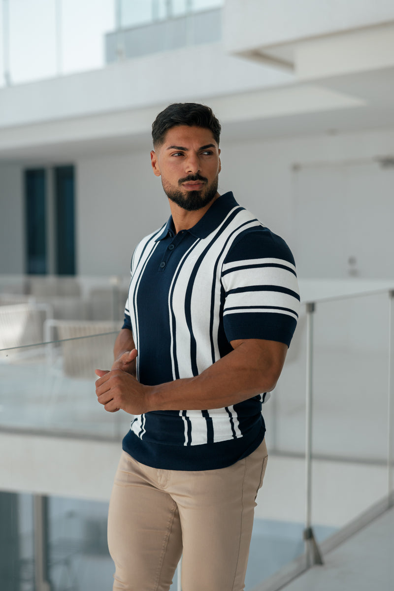 Father Sons Classic Navy/Off White Gestricktes Poloshirt mit vertikalen Streifen, kurzärmlig – FSN105