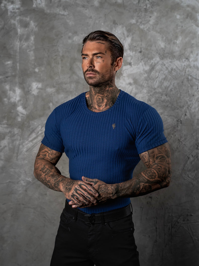 Father Sons Classic New Navy/Gold Rippenstrick Super Slim Kurzarm Rundhals - FSH1383