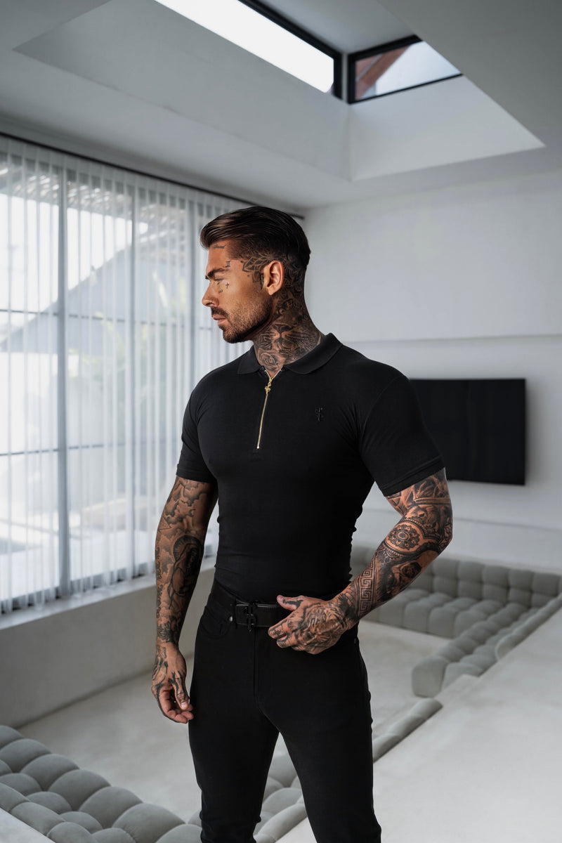 Father Sons klassisches schwarz-goldenes Poloshirt mit Reißverschluss – FSH239