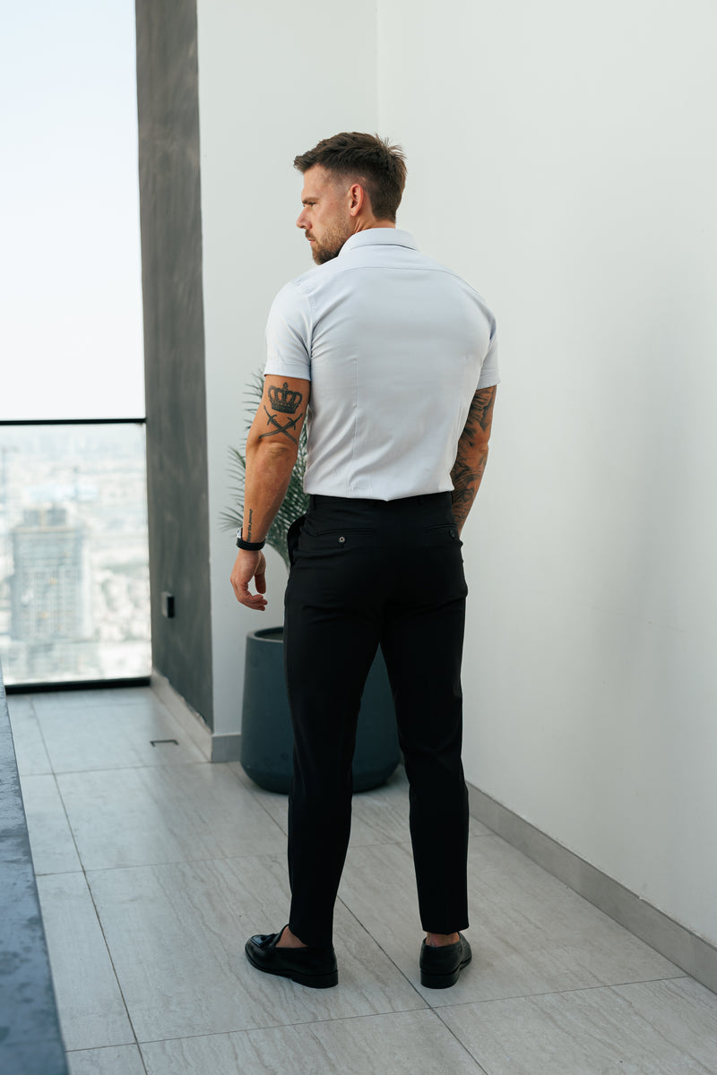 Vater-Söhne-Oxford-Hemd, klassisch, Stretch, kurzärmelig, Hellgrau, mit Button-Down-Kragen – FS1214