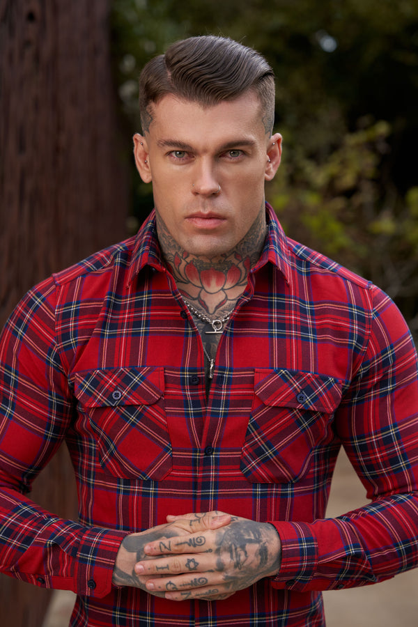 Vater Söhne Rot Tartan Check Shacket mit Doppeltaschen - FS1036