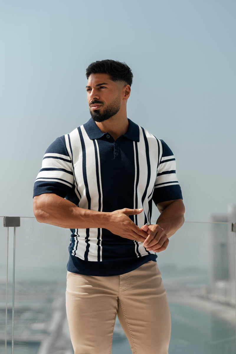 Father Sons Classic Navy/Off White Gestricktes Poloshirt mit vertikalen Streifen, kurzärmlig – FSN105