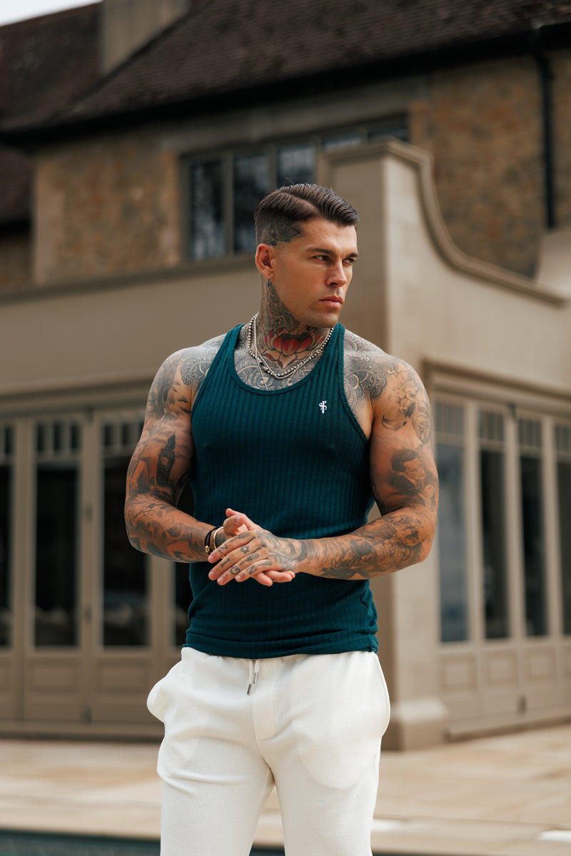 Father Sons Classic Forest Green / White Ribbed Knit Super Slim Vest - FSH1327