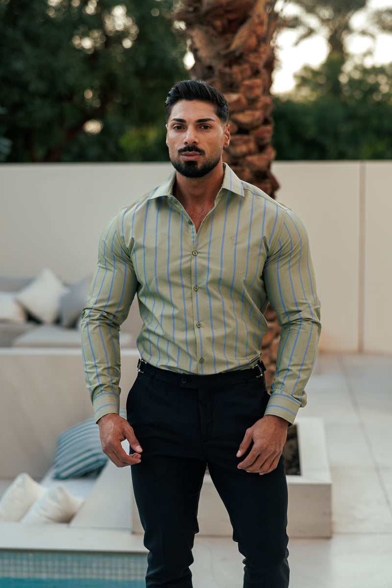 Father Sons Classic Green / Blue Stripe Long Sleeve with Cutaway Collar - FS1179