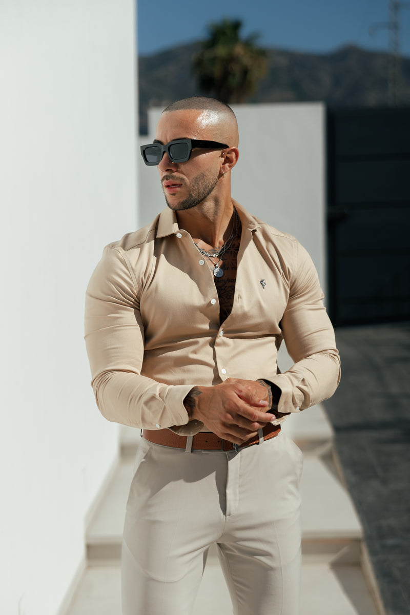 Vater Söhne Super Slim Stretch Vintage Beige Side Panel Shirt LS - FS1089