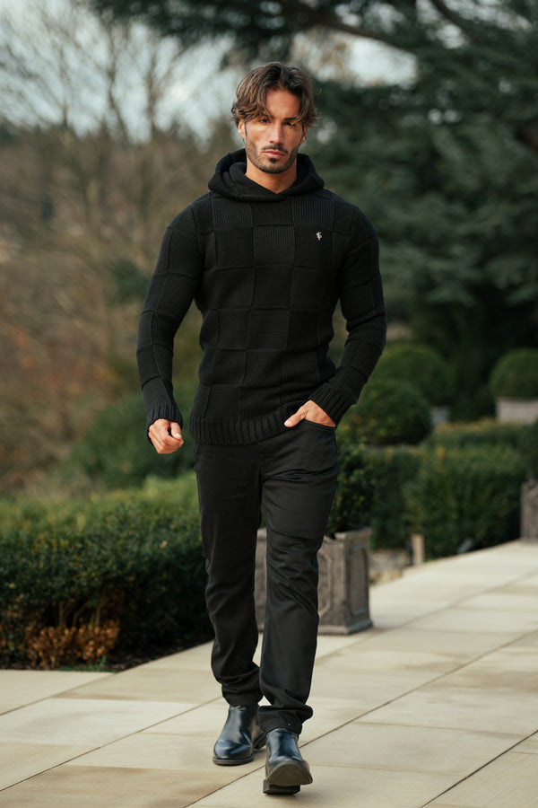 Schwarzer Strickhoodie mit Schachbrettmuster für Vater und Sohn - FSJ135 (VORBESTELLUNG AM 11. DEZEMBER)