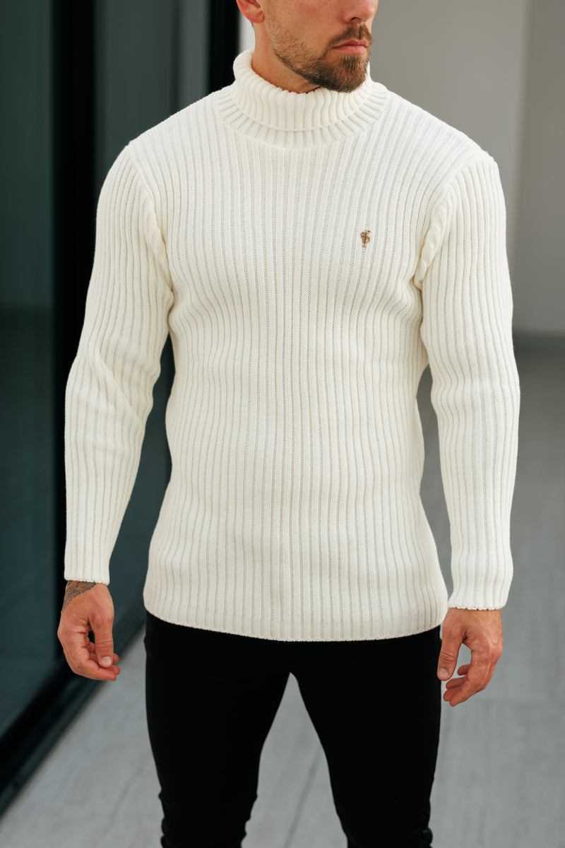 Cremefarbener Rollkragenpullover aus Rippstrick für Vater und Sohn – FSJ114 (VORBESTELLUNG 12. NOVEMBER)