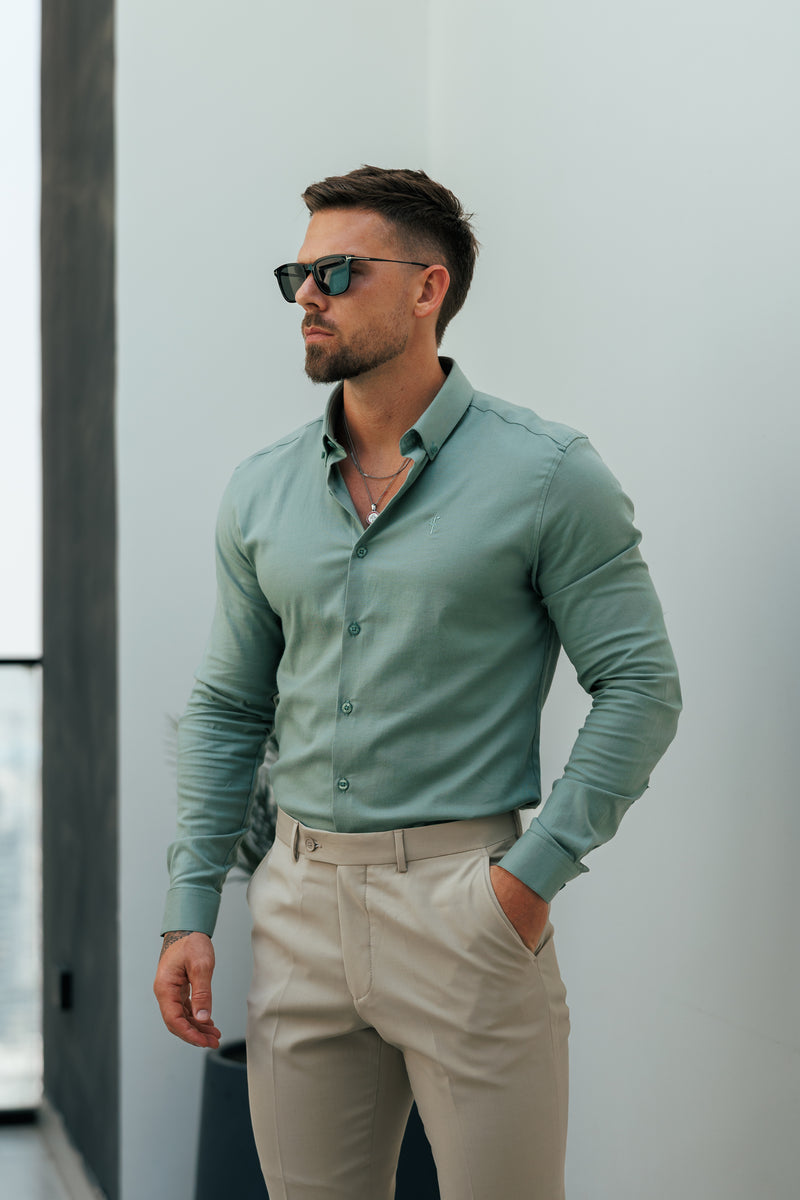 Vater-Söhne-Oxford-Langarmhemd, klassisches Stretch-Rauchgrün mit Button-Down-Kragen – FS1217