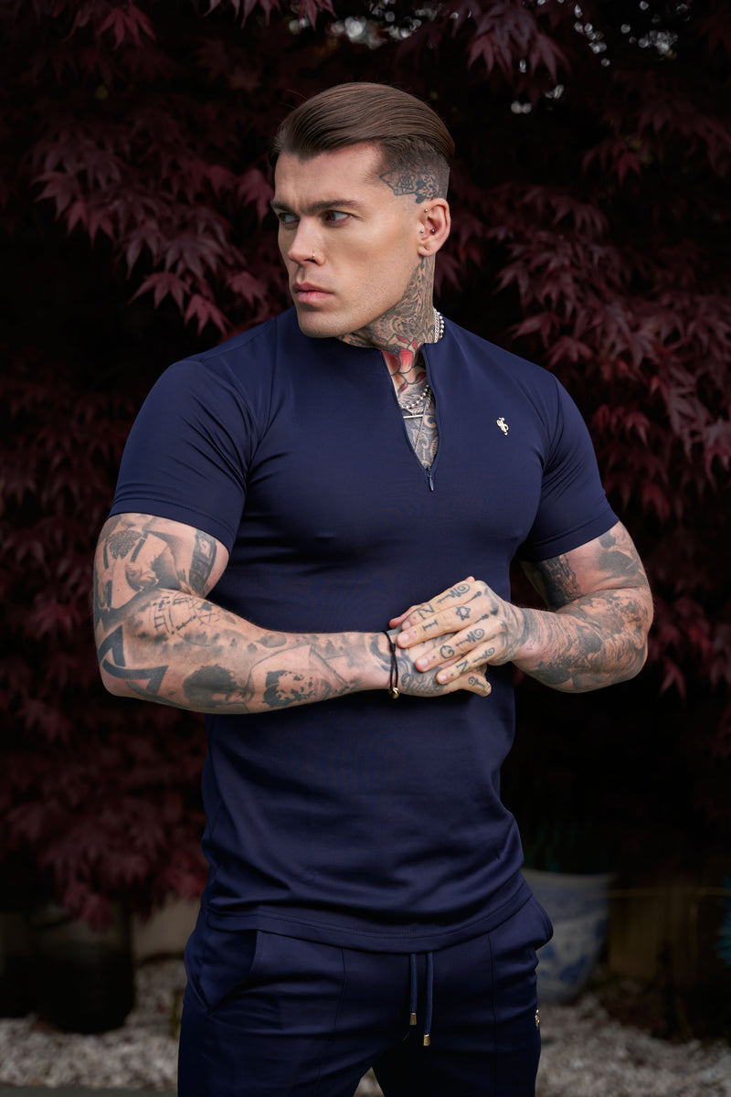 Father Sons Scuba Navy/Gold Crew T-Shirt mit Reißverschlussdetail, kurzärmlig – FSH1033