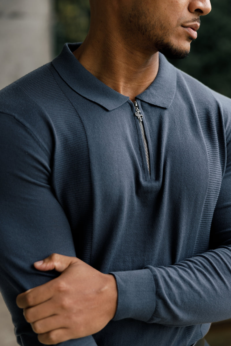 Father Sons klassisches gestricktes Poloshirt mit Reißverschluss in Gunmetal und Silber, langärmlig – FSN128