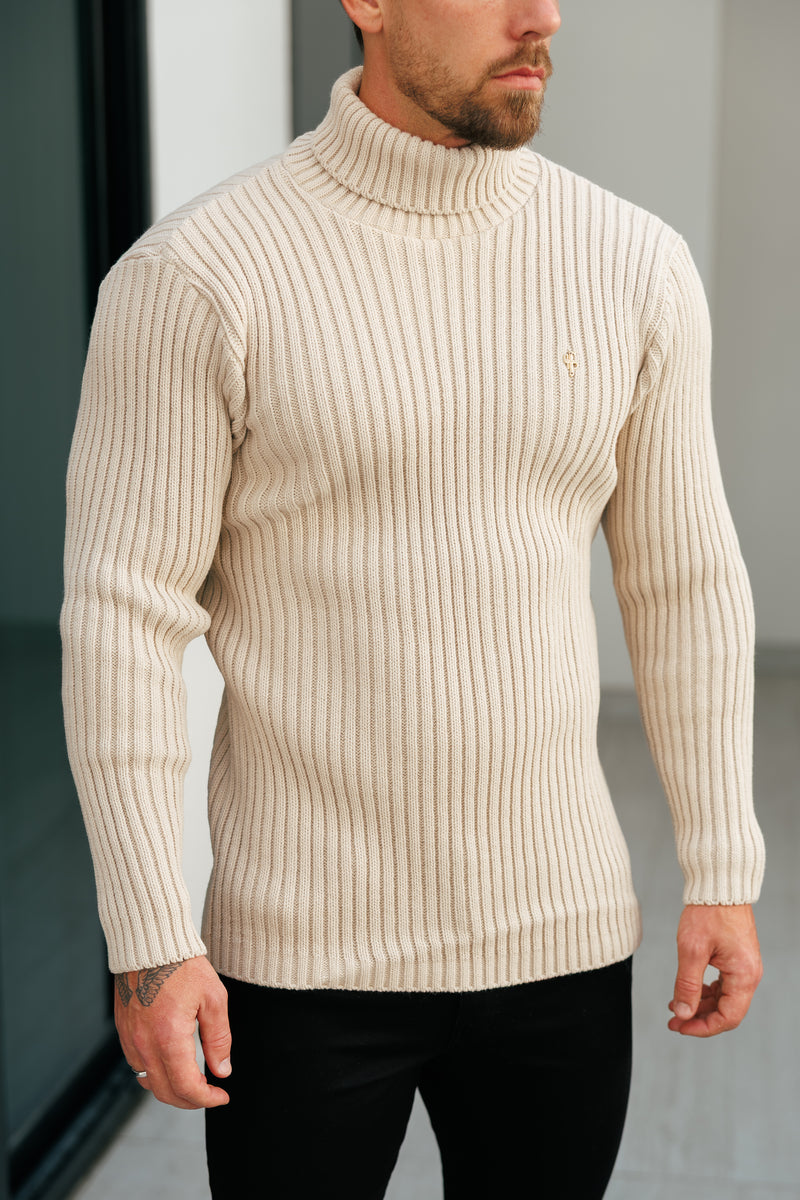 Beigefarbener Rollkragenpullover aus Rippstrick für Vater und Sohn – FSJ112 (VORBESTELLUNG 12. NOVEMBER)