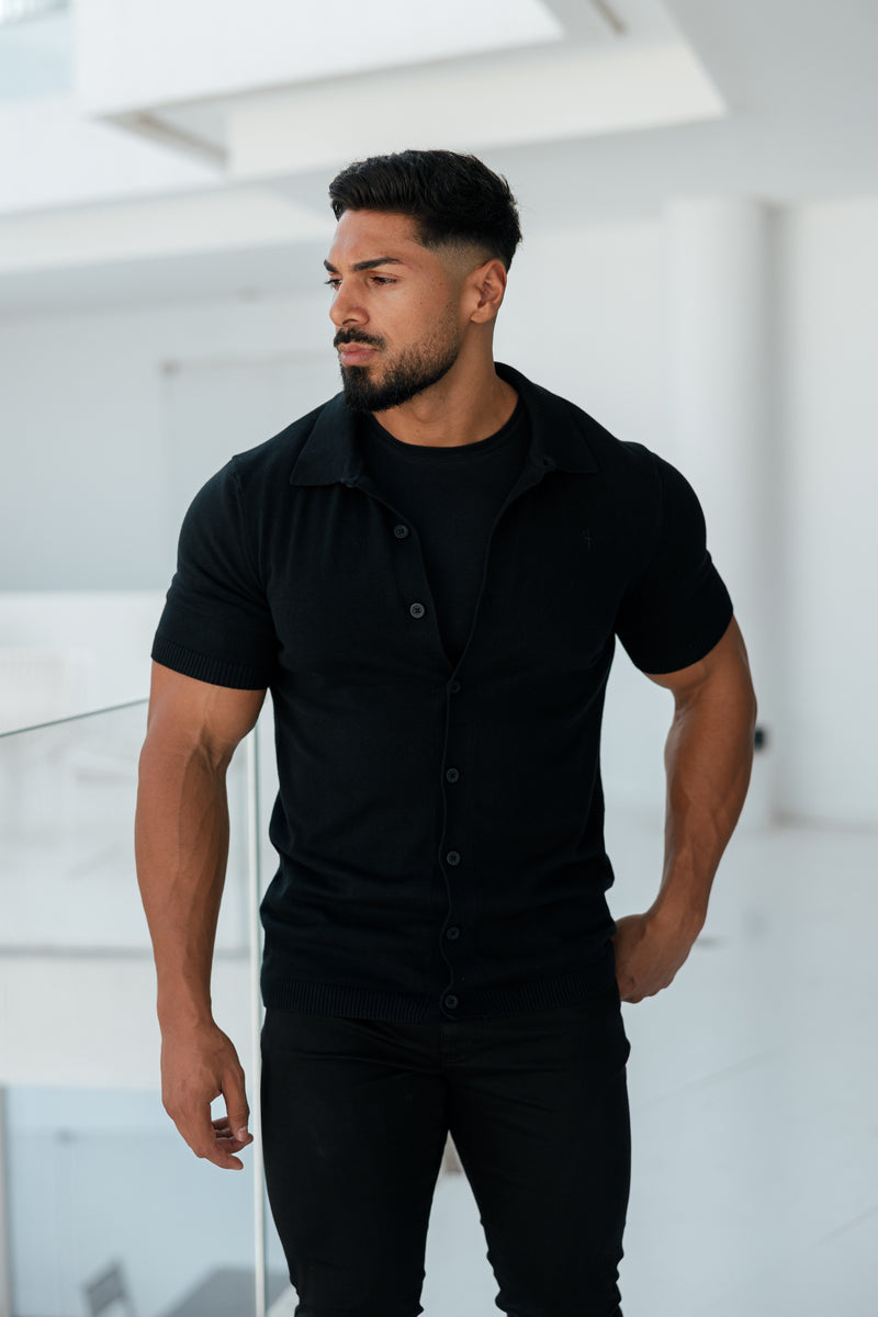 Father Sons Classic Plain Black Knitted Button Through Polo Short Sleeve - FSN101