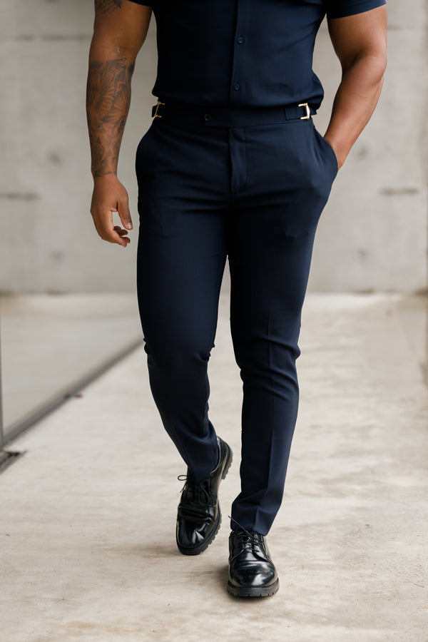 Father Sons Slim Formal Navy Stretch Trousers With Gold Waist Adjusters - FST016