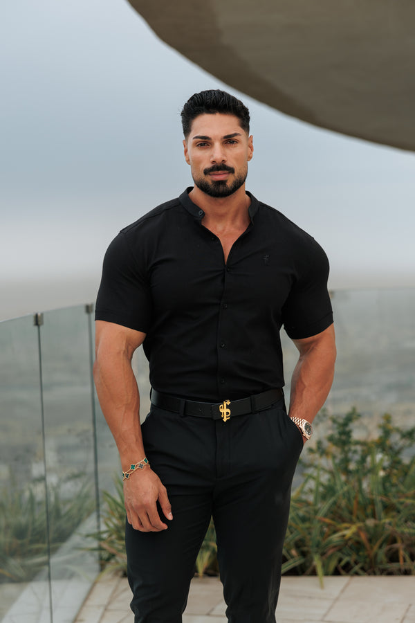 Father Sons Super Slim Oxford Stretch Classic All Black Grandad Collar Kurzarm – FS582