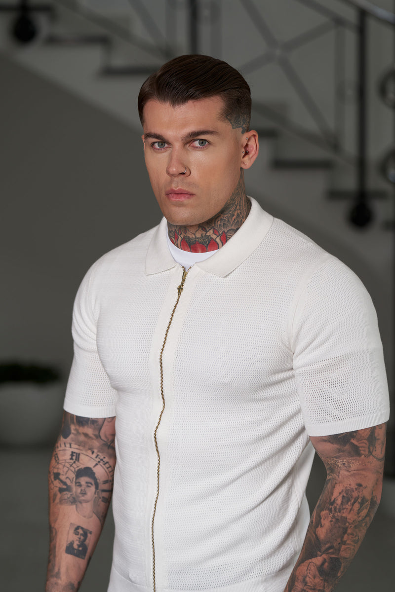 Father Sons Classic Knitted Textured Design With Full Length Zip Off White Short Sleeve - FSN152