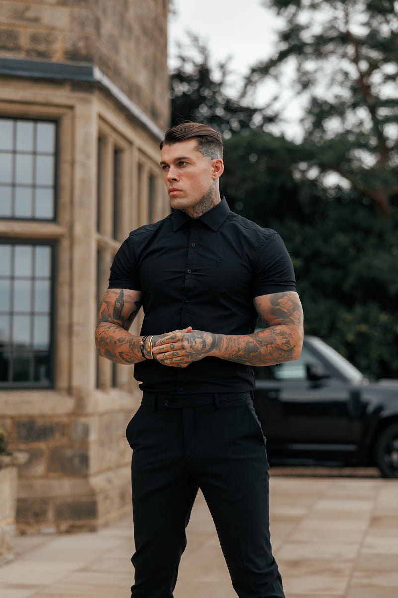 Vater-Sohn-Shirt, superschlank, Stretch, schwarz, kurzärmlig, mit Cutaway-Kragen – FS1159