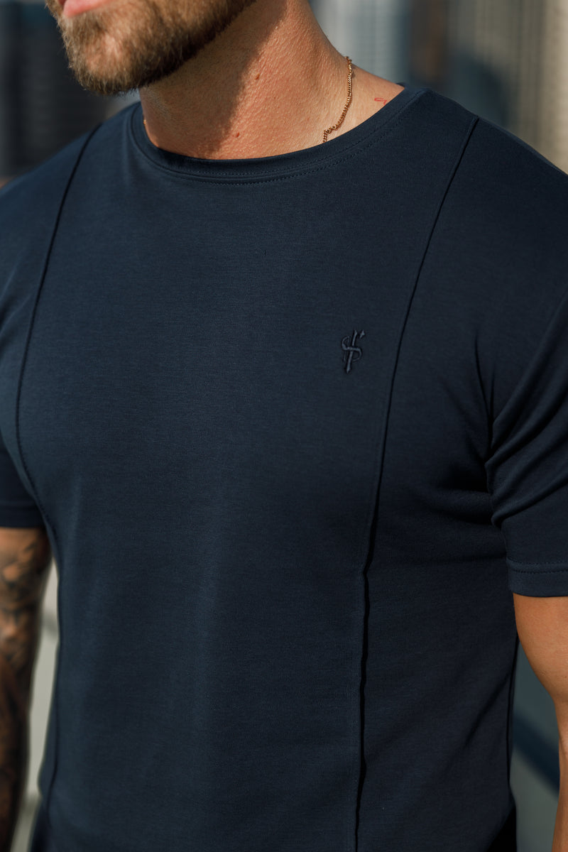 Marineblaues Rundhals-T-Shirt mit Biesendetail für Vater und Sohn – FSH1048.