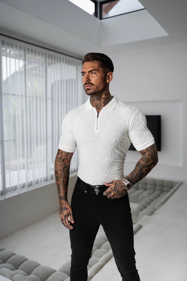 Klassisches Jacquard-Poloshirt mit weißem Chevron-Muster und Reißverschluss von Father Sons – FSR020