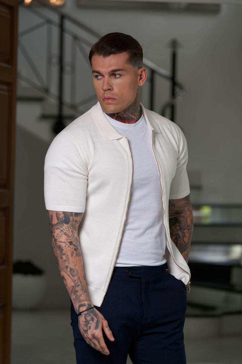 Father Sons Classic Knitted Textured Design With Full Length Zip Off White Short Sleeve - FSN152