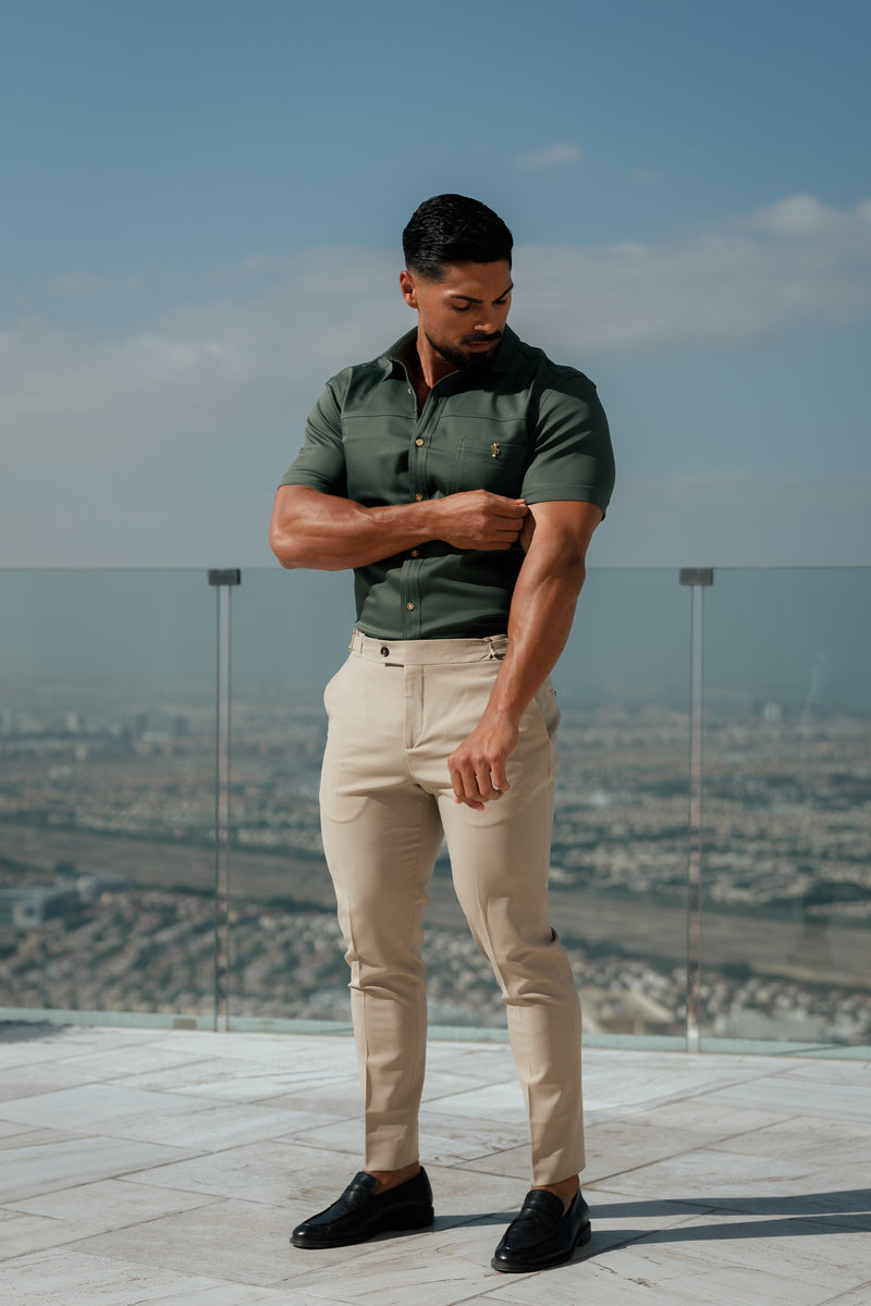 Father Sons Super Slim Stretch Khaki Denim Short Sleeve with Horizontal Seam and Pocket- FS958