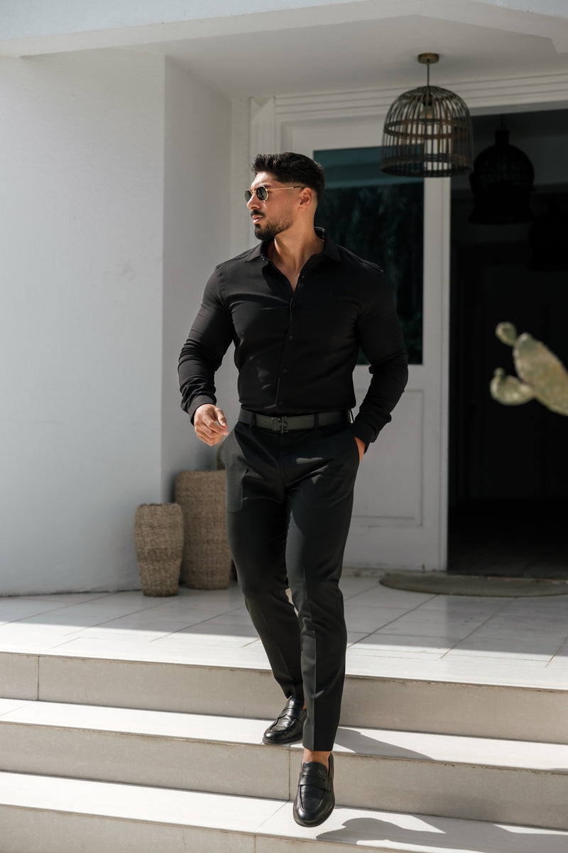 Father Sons Super Slim Scuba Black Long Sleeve Stretch with Back Box Pleat and Side Seam Detail - FS998