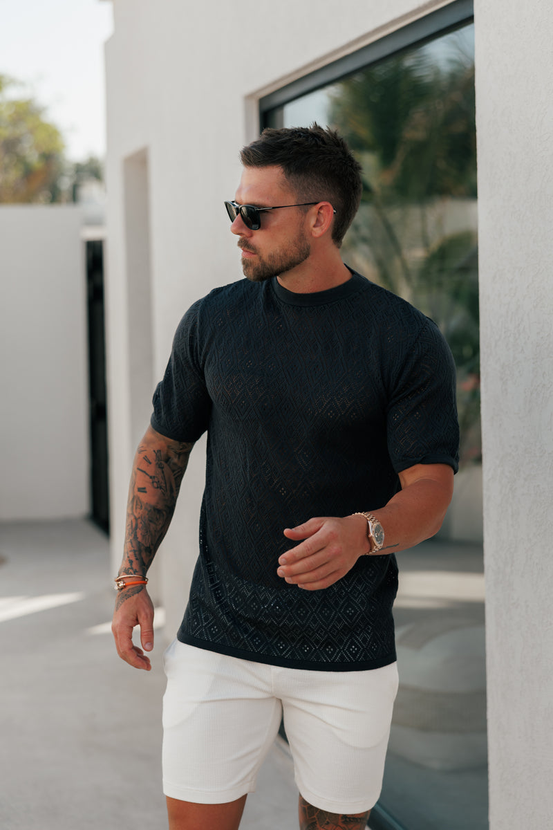 Vater-Söhne-Häkel-T-Shirt mit Rundhalsausschnitt, Marineblau, kurzärmlig – FSJ090