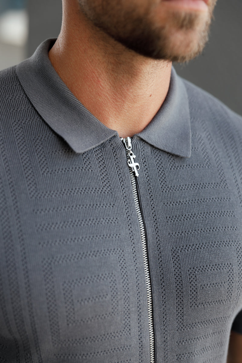 Father Sons - Klassisches Strick-Oberteil mit Geo-Design und durchgehendem Reißverschluss, Gunmetal, Kurzarm - FSN150