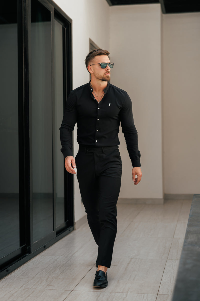 Vater-Söhne-Shirt, superschmal, Scuba, schwarz/silber, langärmlig, Stretch, mit Grandad-Kragen – FS1191