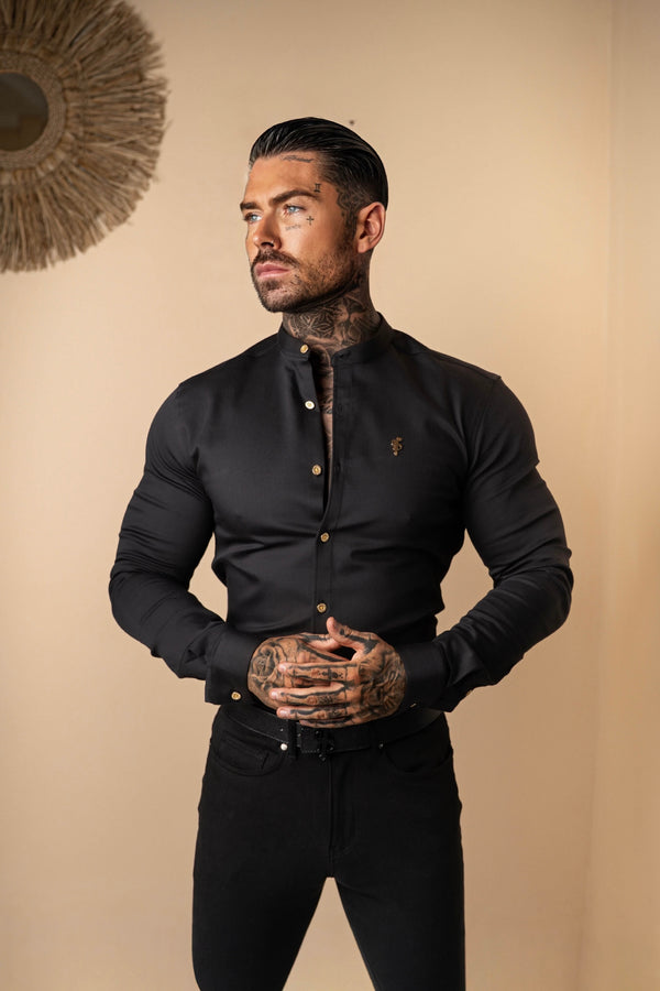 Father Sons Super Slim Stretch Black Denim Langarm-Opa-Kragen mit Metallknöpfen und Aufkleber-Emblem – FS707