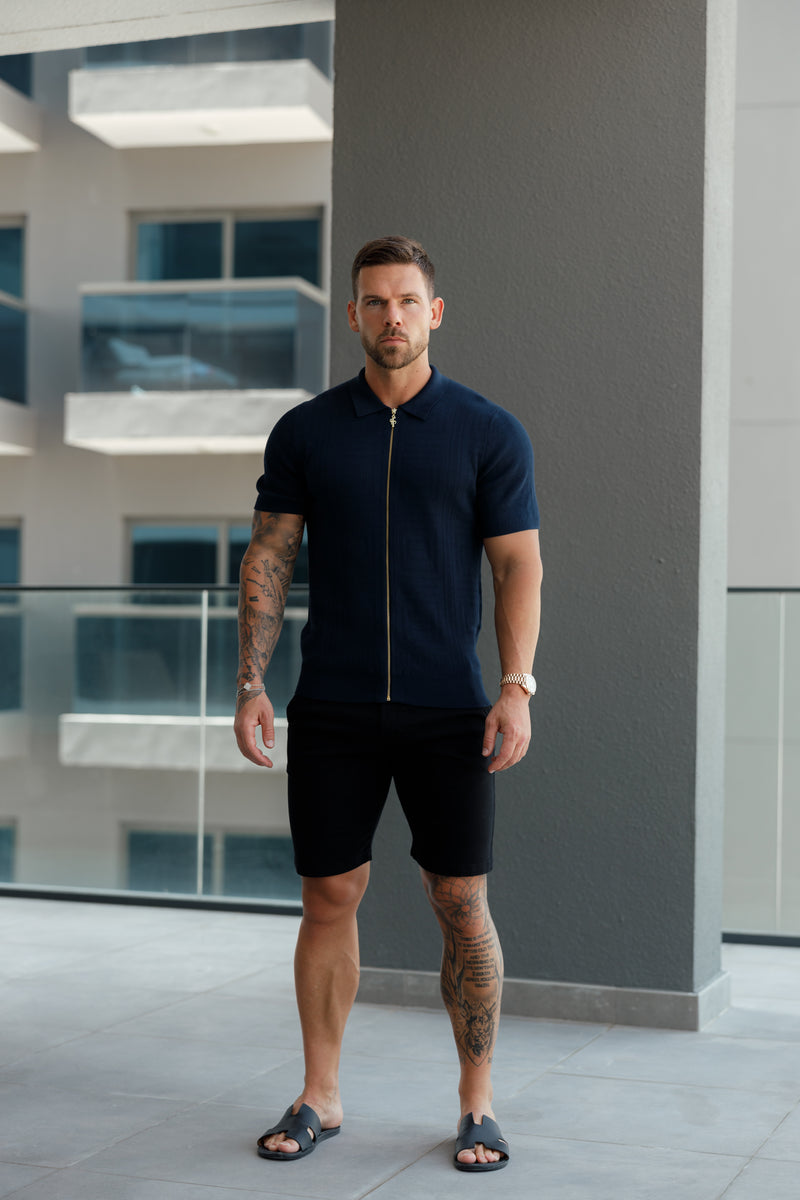 Father Sons Classic Knitted Geo Design With Full Length Zip Navy Short Sleeve - FSN149