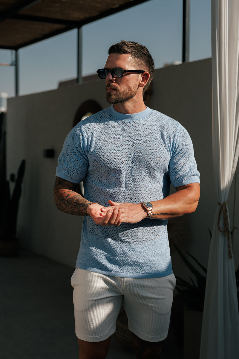 Father Sons Crochet Crew T-Shirt Blue Short Sleeve - FSJ088